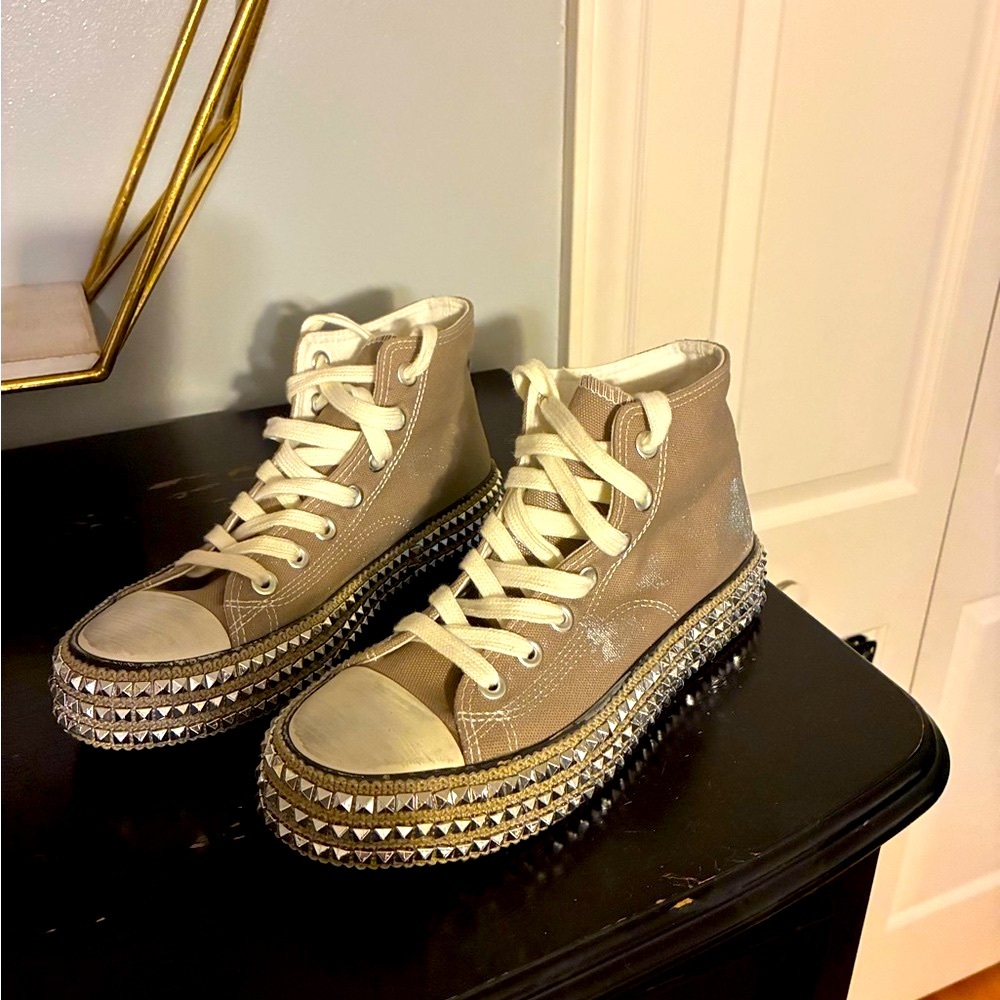 Three Bird Nest Studded Tan High-Top Sneakers